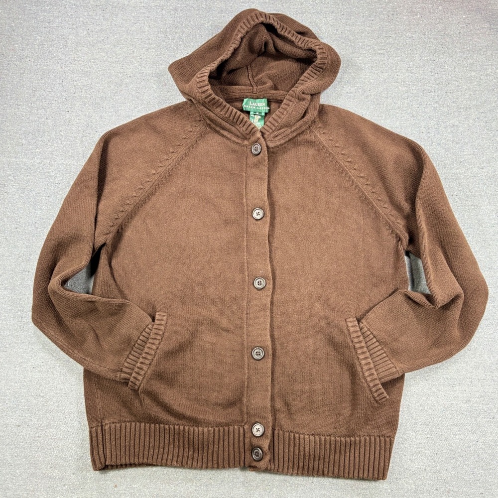 Lauren Ralph Lauren Cardigan Sweater Women Medium Brown Hooded Button Up Cotton